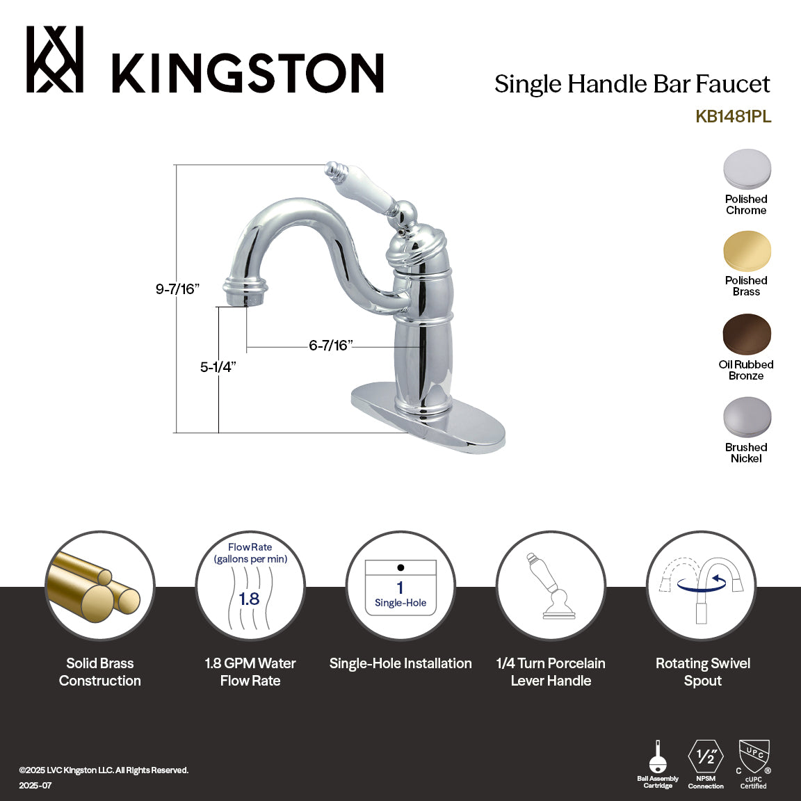 Kingston Heirloom KB1482PL - Victorian One-Handle 1-Hole Deck Mount Bar Faucet, Polished Brass — thumbnail 2